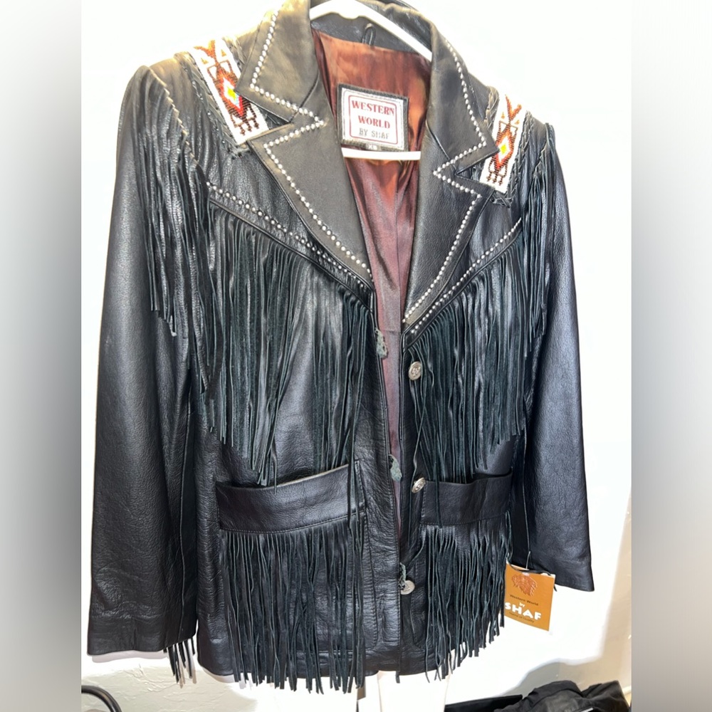 Western World by Shaf Vintage Black Leather Jacket with Fringe Tassels & Beaded
